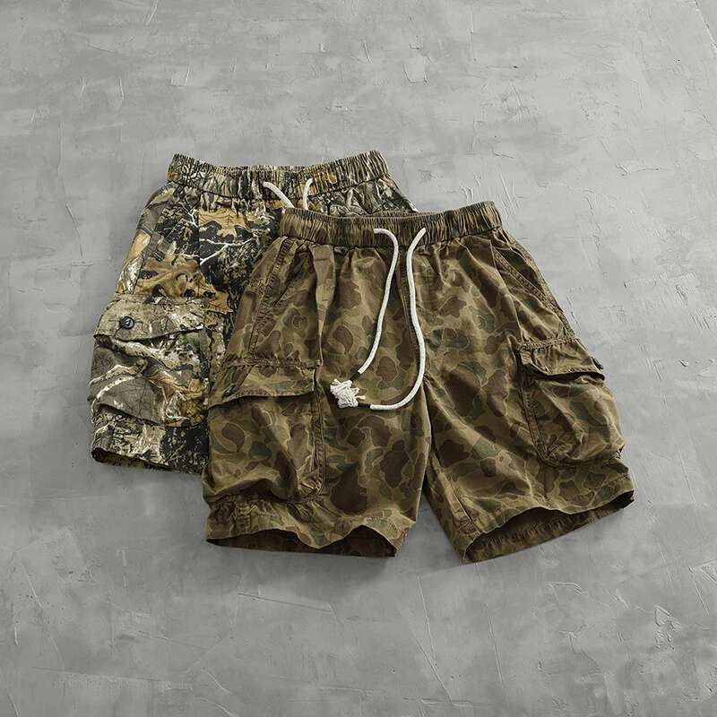 Vintage De Spot Camouflage Cargo Shorts Men's Loose Straight Leg Summer New Multi-Pocket Quarter Casual Pants Trend