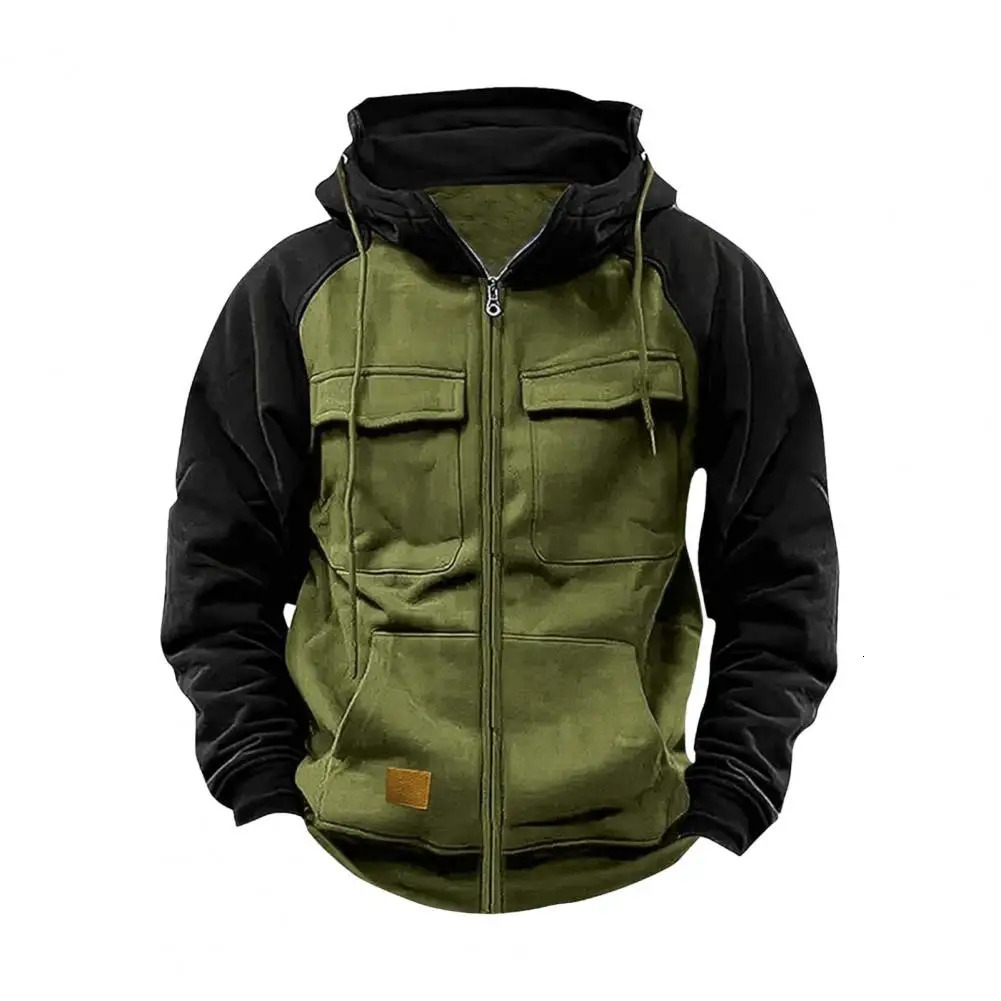 Men Hoodie Zipper Closure Elastic Cuff Retro Male Hooded Jackets Multi Pockets Cargo Warm Sweatshirts Thick Outdoor Coat 250214
