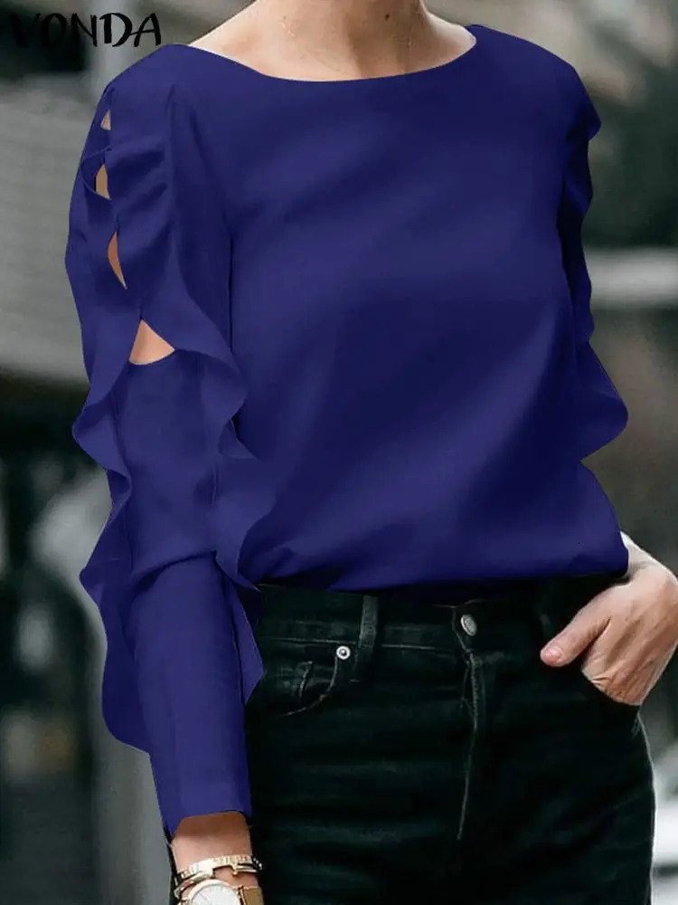 Plus Size 5XL VONDA Autumn Elegant Solid Blouse Fashion Top Women Ruffled Long Sleeve Hollow Out Casual Loose Shirts Blouses 250210