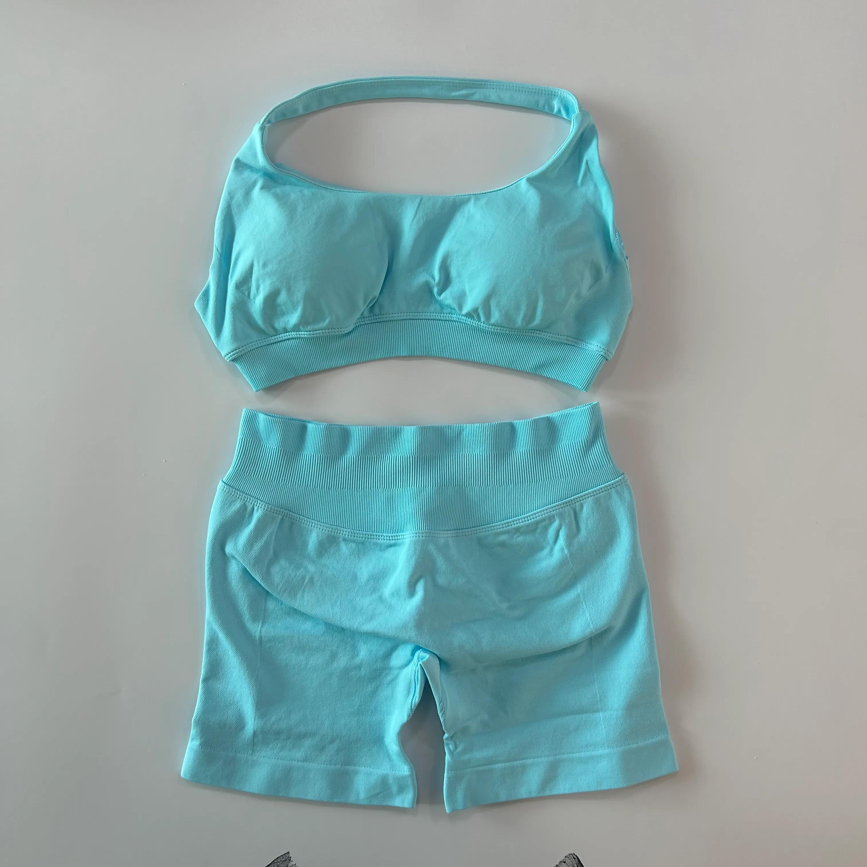2pcs Impact Sports Set Seamless Yoga Halter Bra High Waist Workout Sets Scrunch Shorts Summer Fiess Clothes Gym Suits Outfit Active Wear Hot Sell