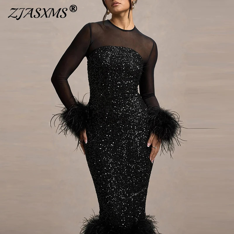 Spring Sequin Patchwork Mesh Party Dresses Women Sexy O Neck Button Hollow Long Dress Autumn Sleeve Feather Slim Hip 250214