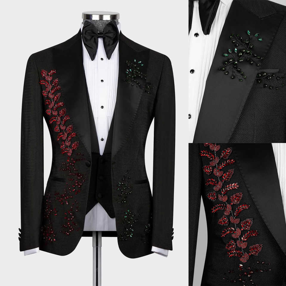 Formal Wedding Tuxedos Appliques Crystal One Button Men Suits Peaked Lapel 2 Piece Set Jacket Pants Groom Blazers Customized