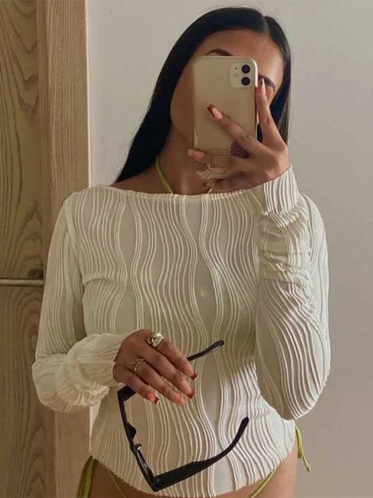 Woman Fashion Casual Ruched Long Sleeve Tshirt Blouses Female White Skinny Cropped Bottoming Shirt Autumn Y2K Top Clothes 250211