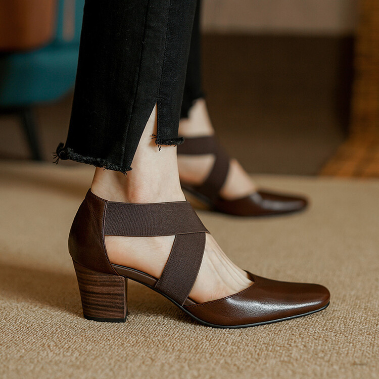 2025 new thick heel square head cross strap single shoe retro high heels all match sandals