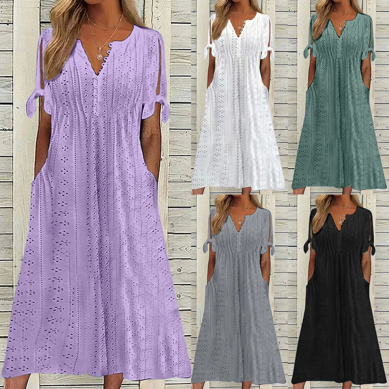 Womens Boho Style Long Dresses Casual Pleated Solid Lace Hollow Button Casual Dress Lace Up Bow Short Sleeve Sundress Dress 250213