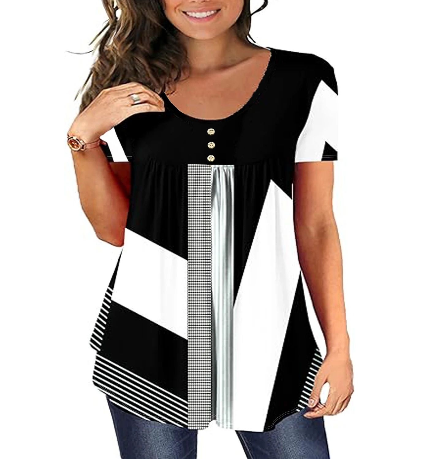 Plus SizeEuropean and American womens spring and summer short sleeved pleated shirt with loose and flowing waistband top 250210