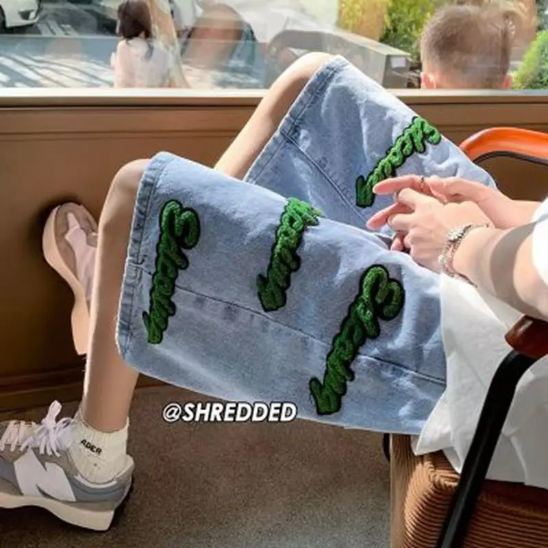 Mens Denim Shorts Embroidered Jeans Shorts Men Summer American Style High Street Water Wash Five-point Pants Y2K Clothes 250210