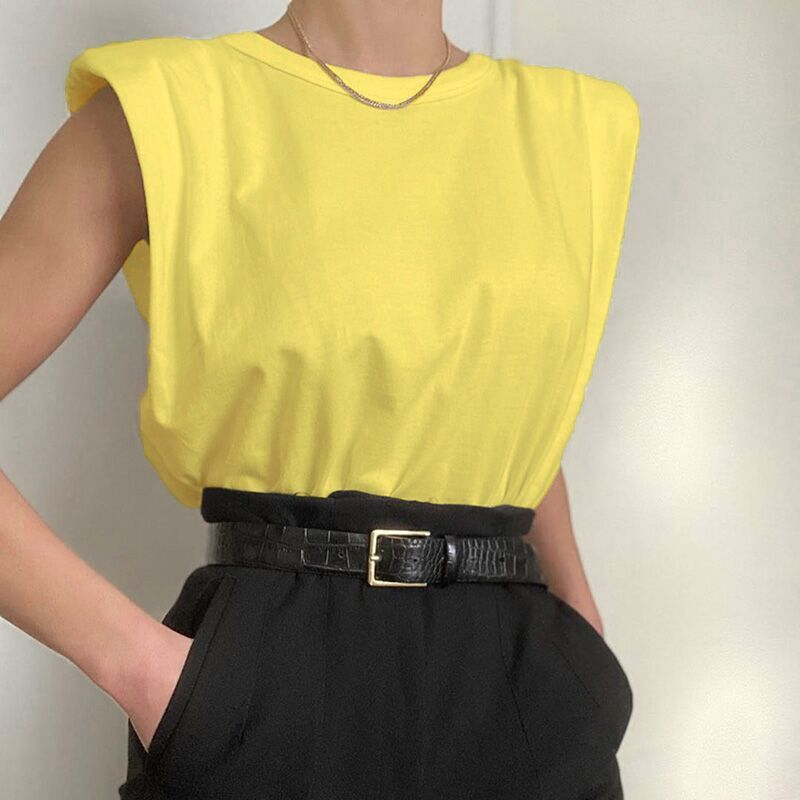 Designer's Casual Trend 2025 Sleeveless Shoulder Pad Loose Fit Fashionable T-shirt Vest Summer New Women's Basic Top