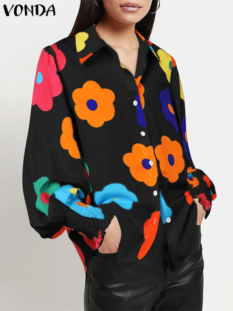 Plus Size 5XL VONDA Casual Floral Printing Loose Tops Women Shirts Lapel Collar Blouses Top Lantern Long Sleeve Tunic 250210