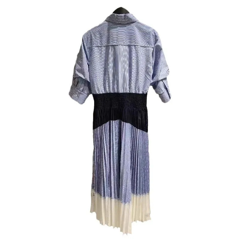 Niche spring and summer blue lapel splicing striped midsleeve dress female y2k 250214