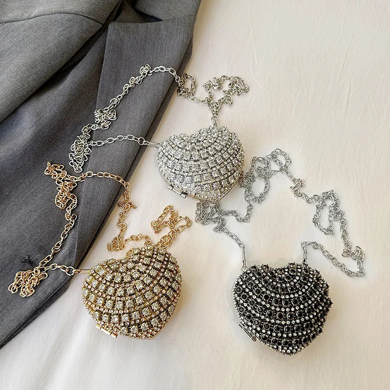 Mini Diamond Inlay Heart Shape Crystal Clutch Purse Stones Evening Wedding Party Shoulder Bag Handle Handbags 250213