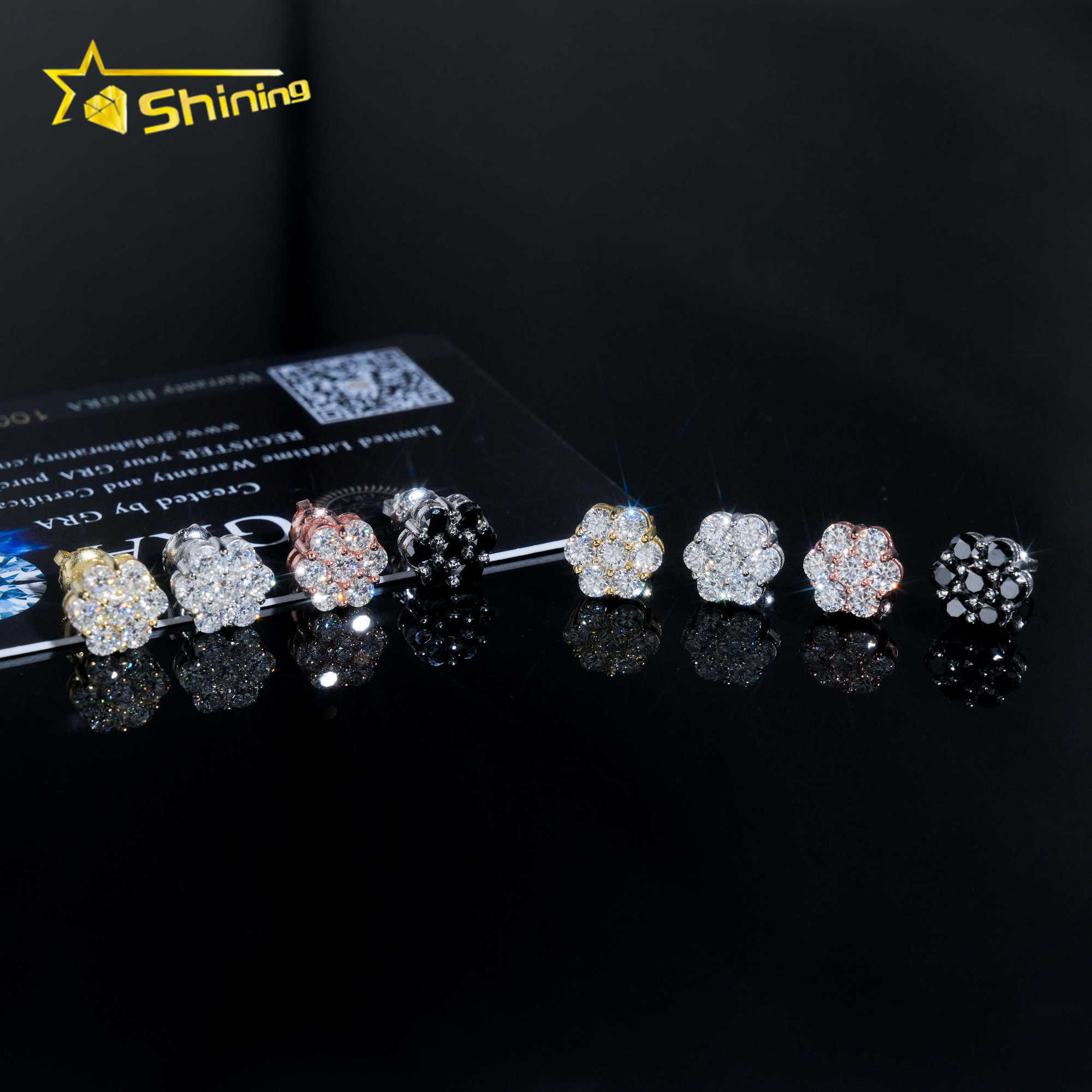RTS Men Hip Hop Jewelry 925 Sterling Silver White Black 8mm Cluster Flower Moissanite Stud Earrings With GRA Certificate