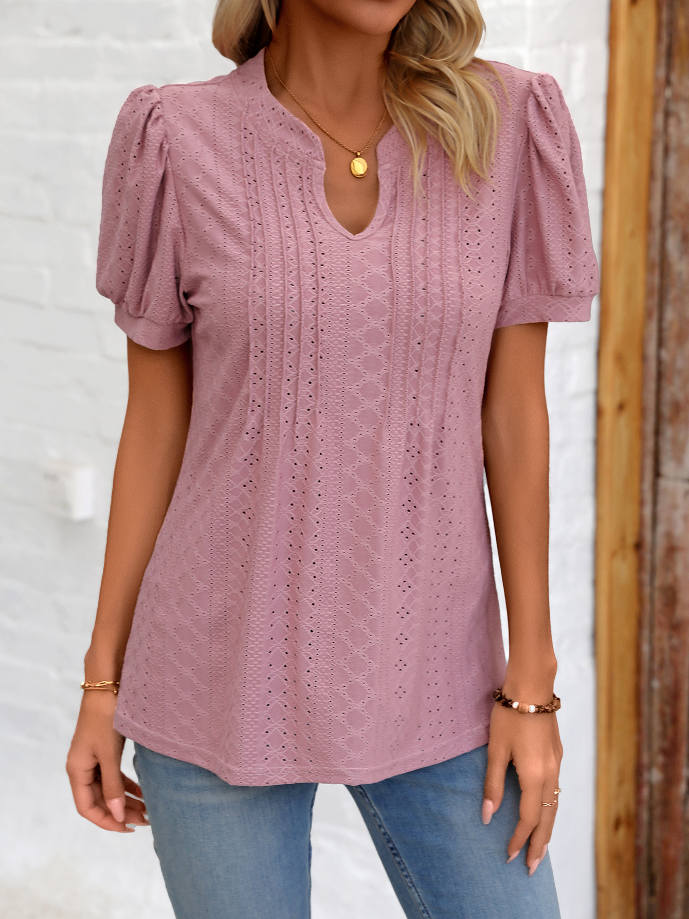 2024 Summer New Solid Color V-neck Striped Knitted Loose Short sleeved T-shirt Women's Top