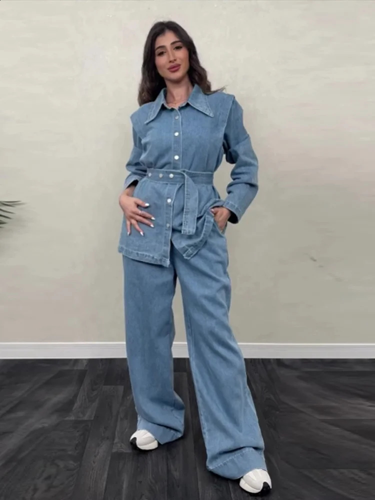 Vintage Denim Jacket Pant Sets Women Single Breasted Lapel Long Sleeve Belt Coat Wide Leg Trousers Jeans High Street Outfits 250210