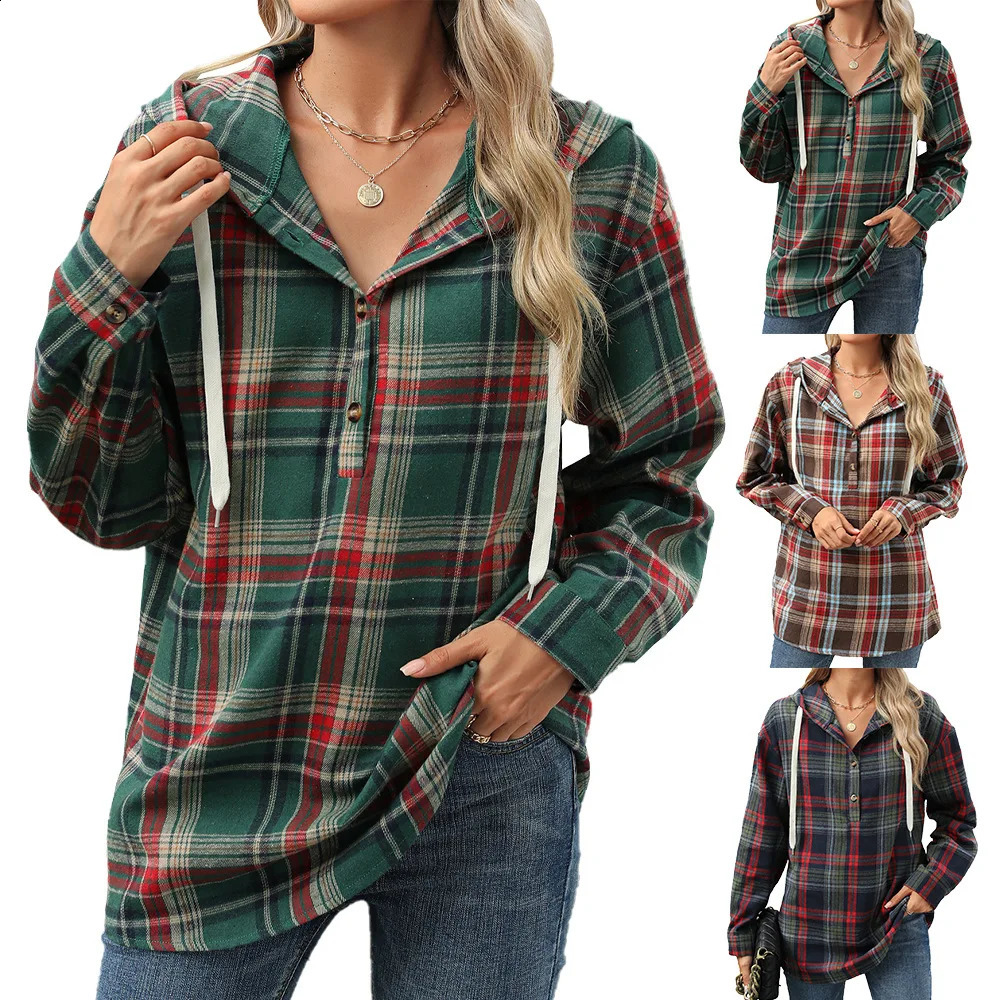 Autumn and winter loose long sleeved hooded button checkered coat casual hoodie for women 250213