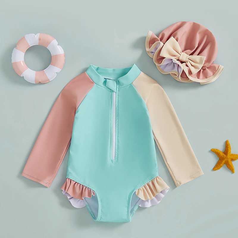 0-24M Newborn Baby Boys Girls Swimwear 5 Colors Kids Swimsuits Patchwork Long Sleeve Zip Up Bathing Suits with Hat BikinisXJ250214