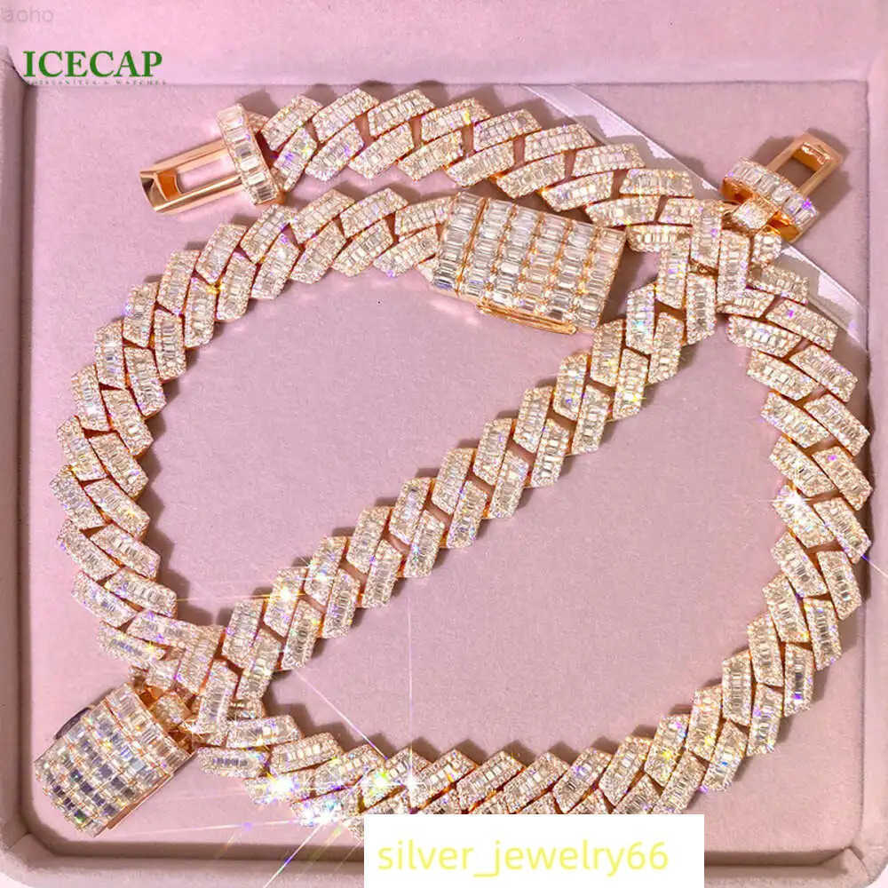 Fine Jewelry 925 Sterling Silver Baguette Cut Rose Gold Cuban Full Moissanite Link Necklace Hip Hop Rapper Bracelet