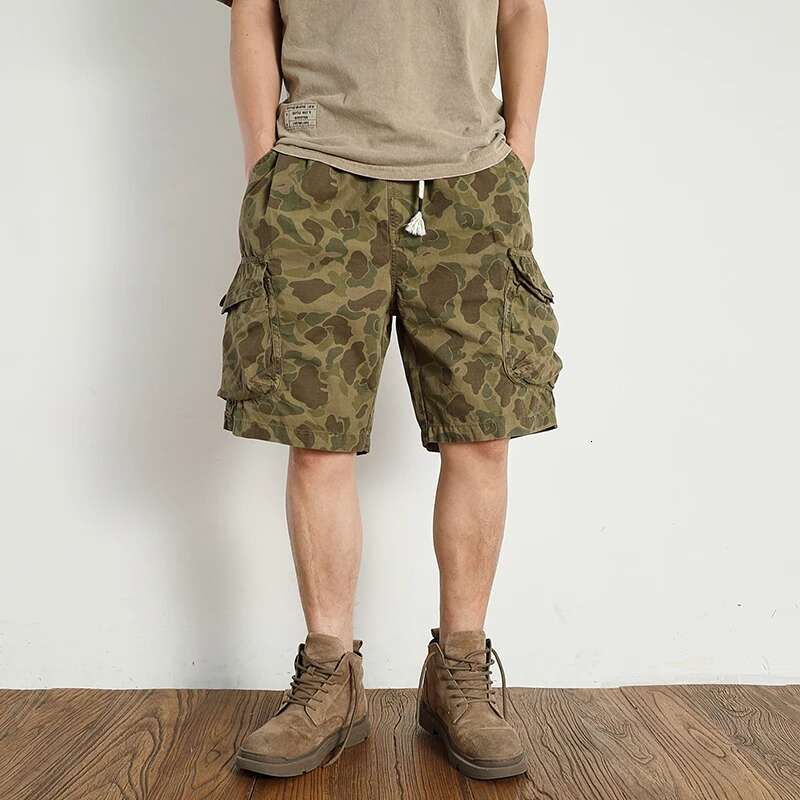 Vintage De Spot Camouflage Cargo Shorts Men's Loose Straight Leg Summer New Multi-Pocket Quarter Casual Pants Trend