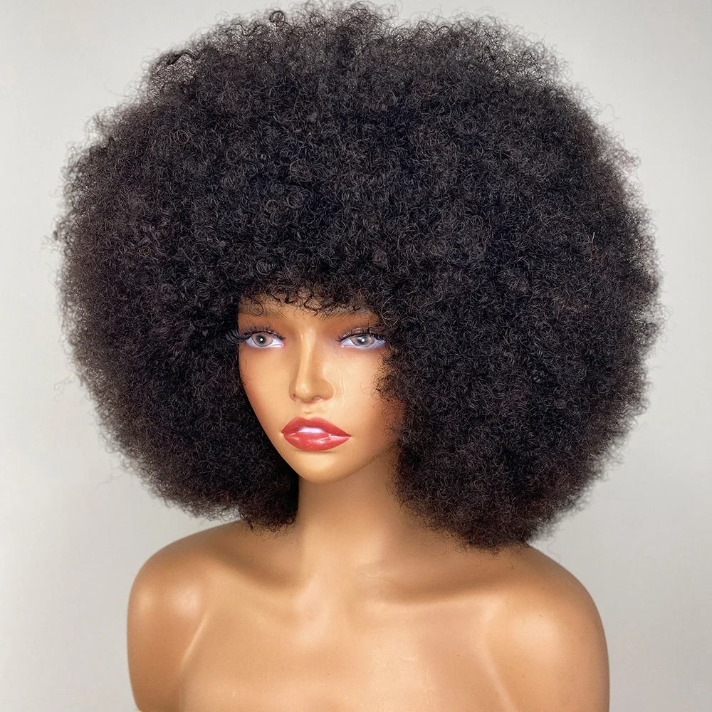 Short Afro Curly Bob Human Hair Wigs with Bangs for Women Brazilian Remy Hair Wear and Go Natural Brown Kinky Curly Lace Front Wigs