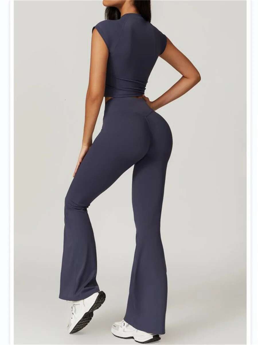 Yoga Set Women Short Sleeve Crop Top Slim Fit Stretchy High Waist Flare Leggings Fiess Suit Workout Gym Running Tracksuit