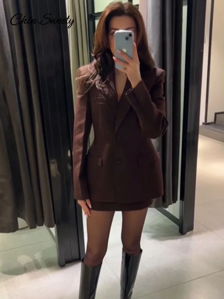 Elegant Blazer Mini Skirt Sets Women Brown Shoulder Pad Cinched Waist Suit Jacket Aline Skirts 2 Piece Office Lady Outfits 250214