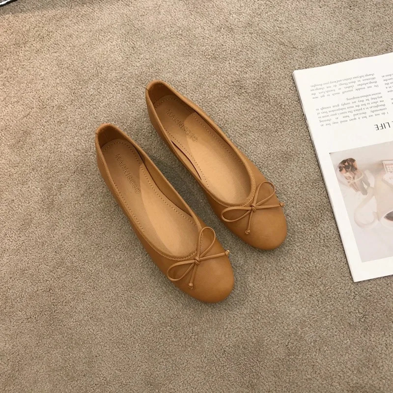 Ballerina Womens Flat Shoes Comfort Non-slip Ladies Loafers Leather Flats Elegant Bowknot Womens Single Shoes Fashion 250214
