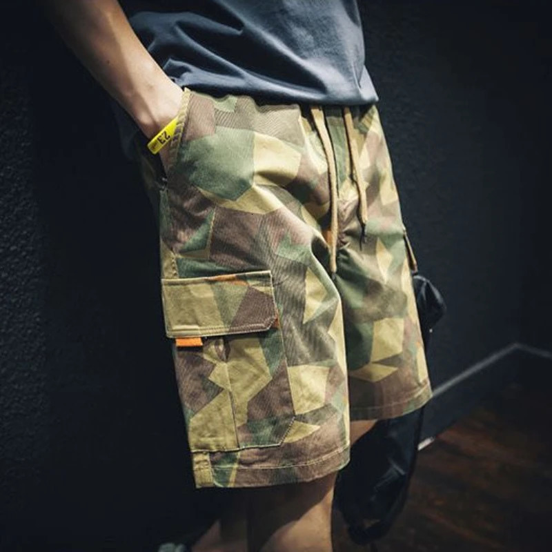 Mens Cargo Shorts Camo Camouflage Short Pants for Men with Draw String Green Elastic Waist Summer Y2k Streetwear 250214