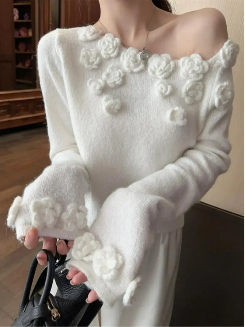 Off Shoulder Short Top Sweater Women Jumper Pullover Winter Clothes Women Sueter 3D Flower Knitted Sweaters Pull Femme 250210