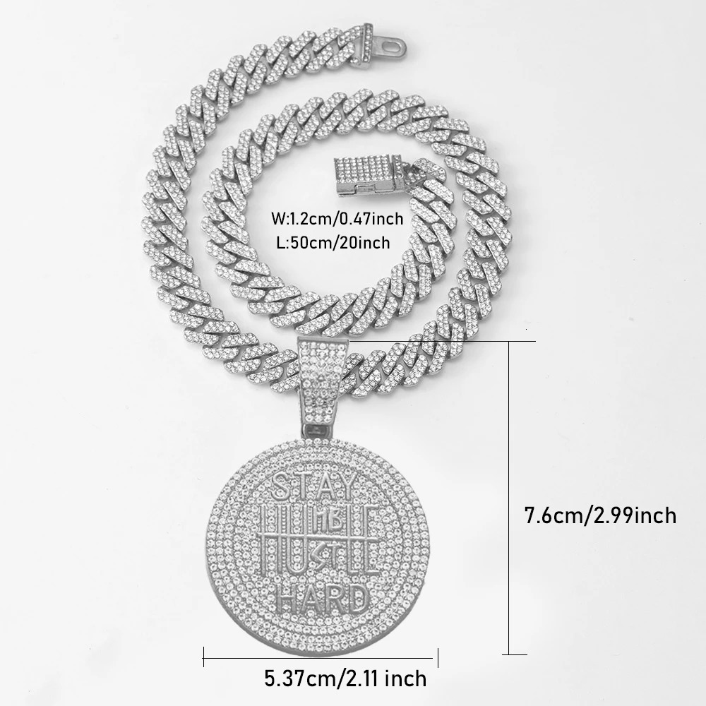 STAY HARD Round Pendent Necklace with Iced Cuban Link Chain Rapper Gift for Men Women 250214