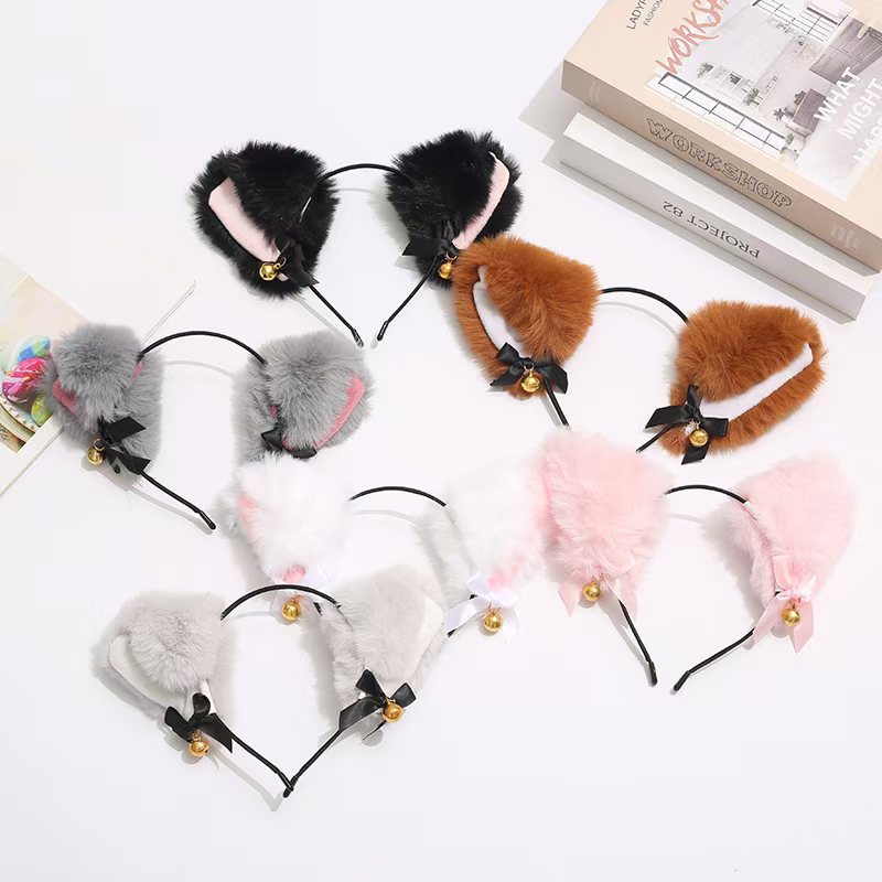 Cute Furry Cat Ear Hair Band with Bow and Tails for Photography