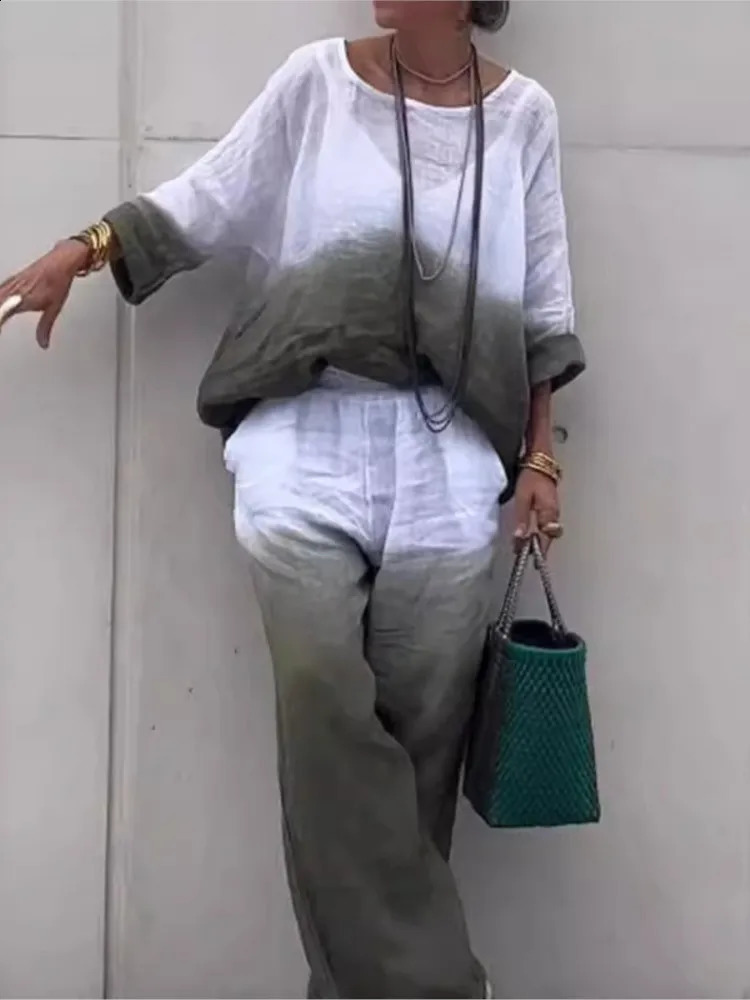 Cotton and Linen Two-Piece Set for Women Gradient Print Loose Casual Suits Long Sleeve Blouses and Pants Female Outfits Spr 250210