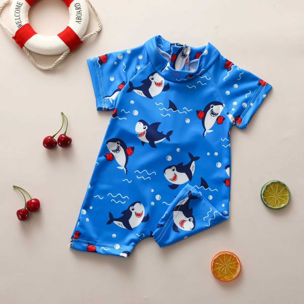 Kids Boys Summer Swimsuit Rash Guard Animal Patterns Short Sleeve Zipper Swimwear Bathing BeachwearXJ250214