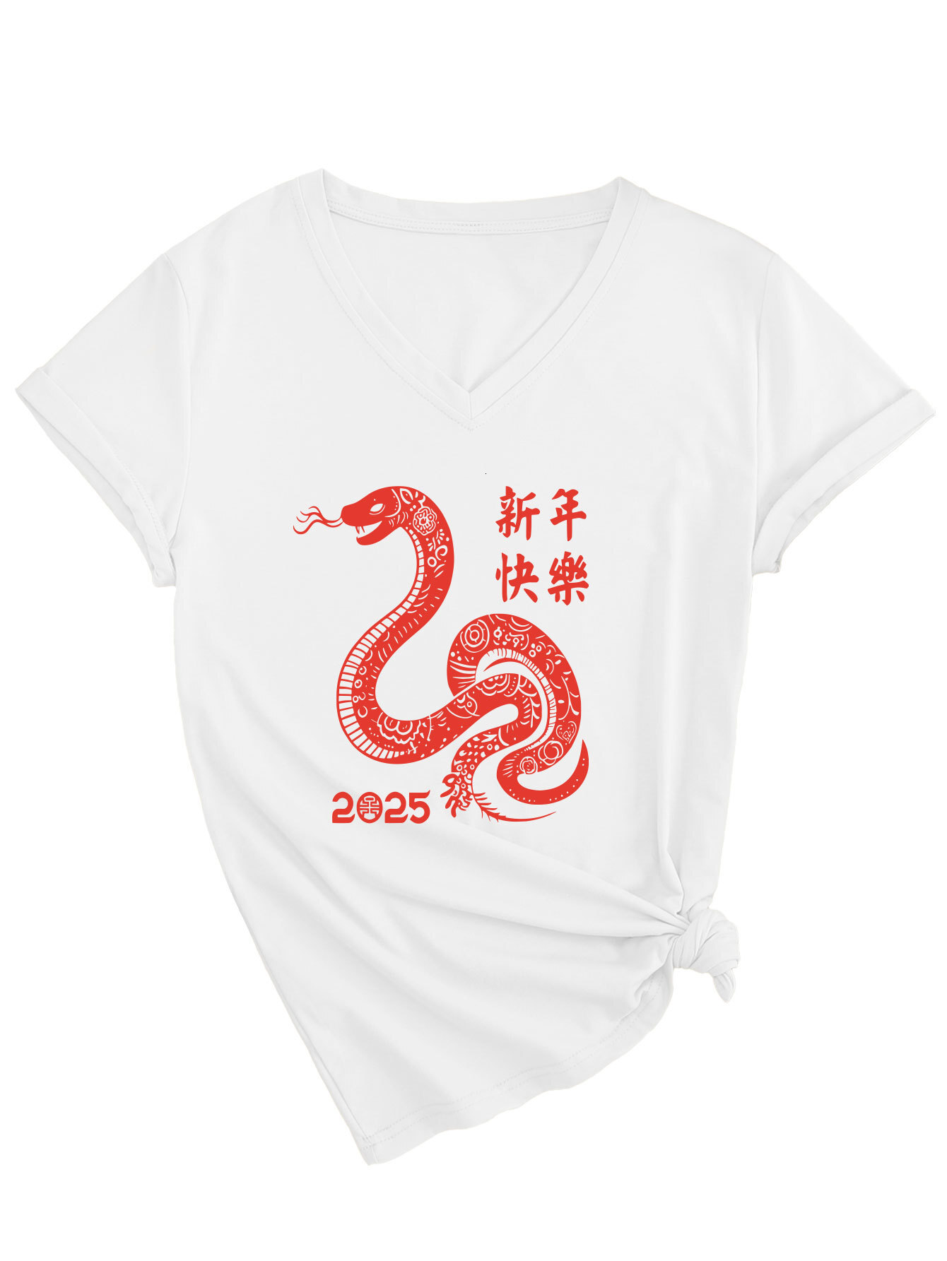 Designer Fashion Trendy Personalized Fun Versatile 2025 Happy New Year V-neck Short Sleeved Women's T-shirt
