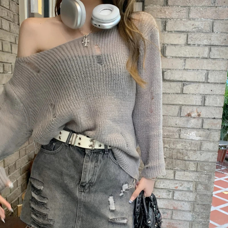 Y2K Womens Fluffy Off-shoulder Sweater Solid Color Loose Ripped Long Sleeve Knitwear Summer Fall Streetwear Pullover Cover Ups 250210