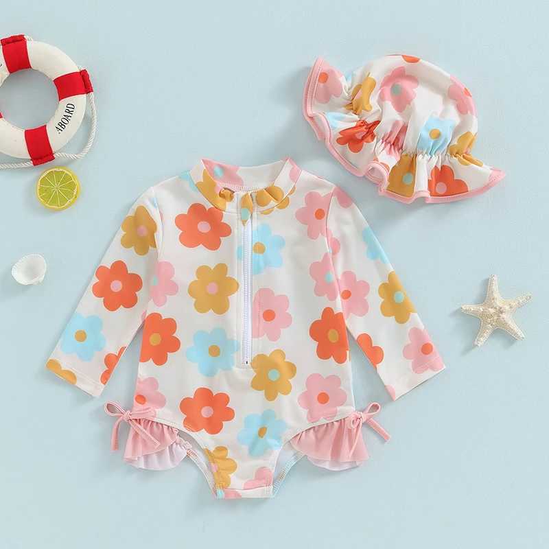 Baby Girl Rash Guard Swimsuits Summer Floral Print Zipper Swimwear and Sun Hat 2 Pieces Set for Toddler Bathing Suits BeachwearXJ250214