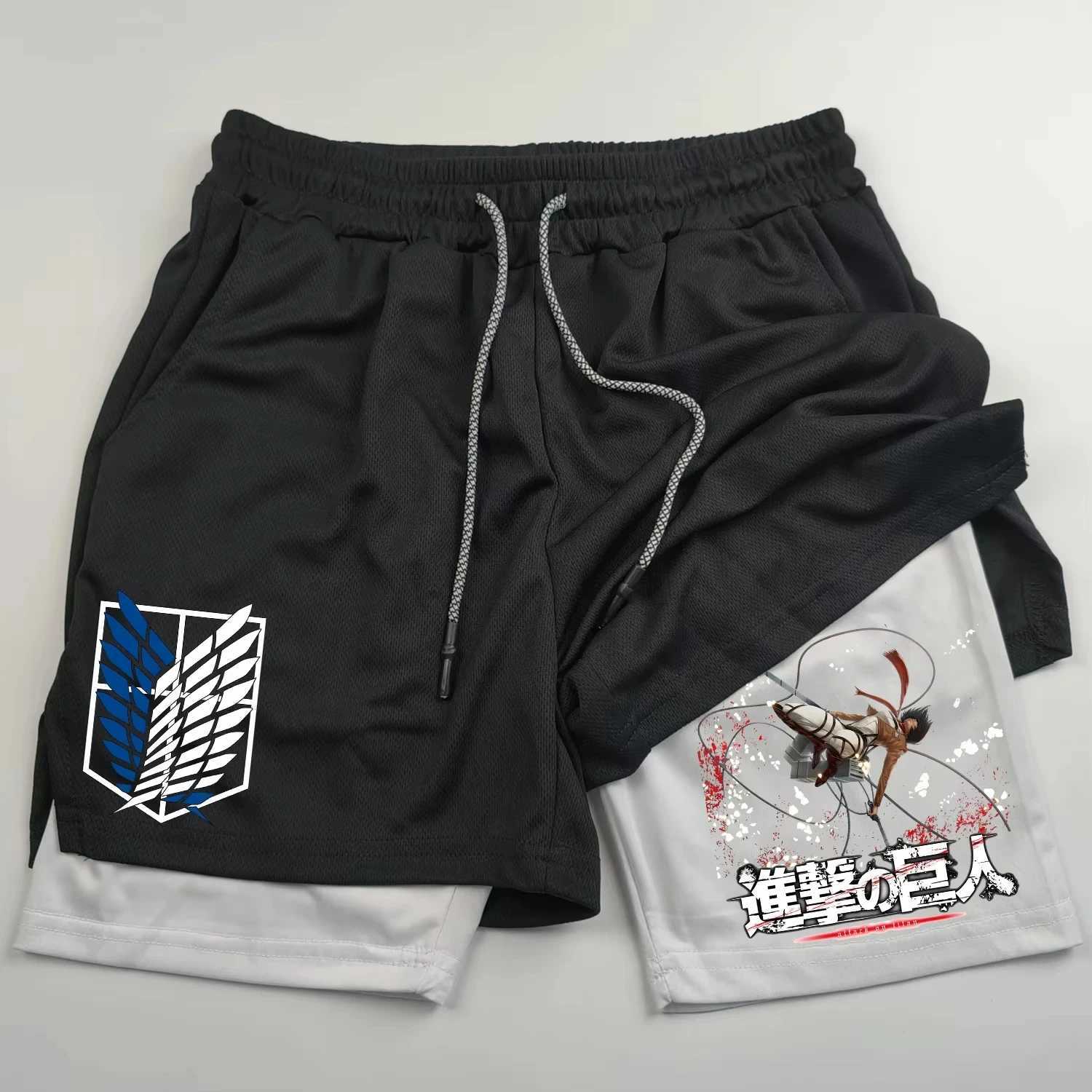 2-in-sports shorts anime Attack on Titan mens shorts quick drying breathable sports fitness shorts outdoor running gym short W250215
