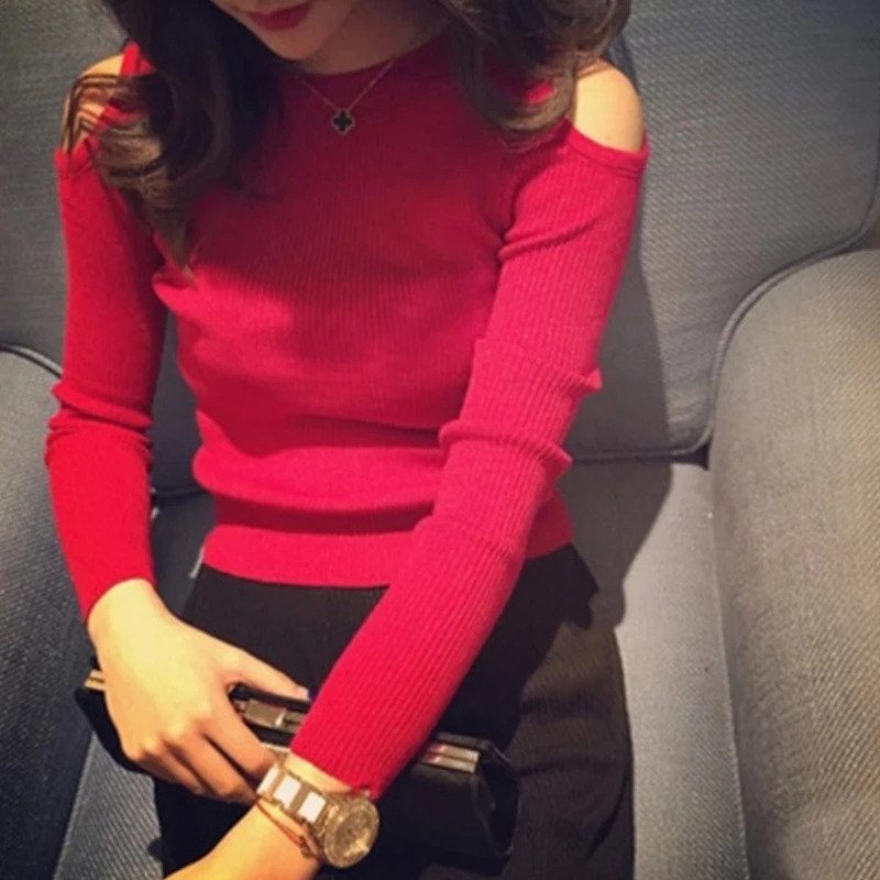 Autumn and Winter Womens Knitted Tight Pullover Sweater Shoulder Long Sleeve Top Casual Womens Wear 250210