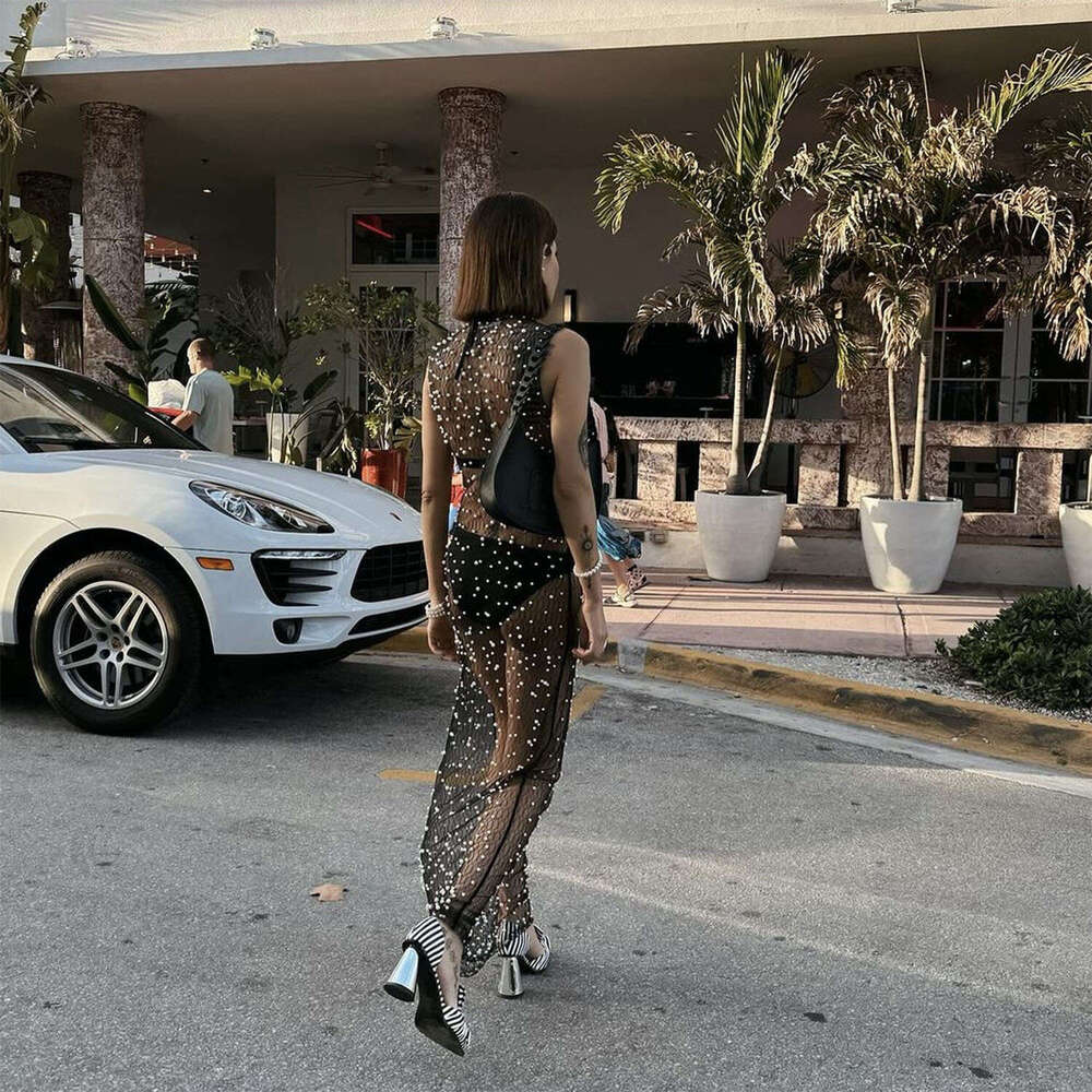 Spring/Summer Hot selg Women's Wear Mesh Bubble Bead Perspective Sexy Hoodie Long Dress 2025 Versatile New Trendy Clothing Ins