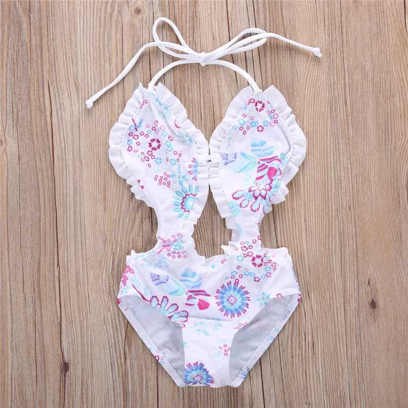 1-6years Kids Girls Swimwear Bodysuit Floral Printed Sleeveless Backless Bandage Ruffled One_piece Swimsuit For Infant GirlsXJ250214