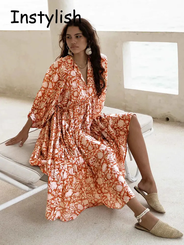 Womens Spring/Summer Printed Maxi Dress Elegant Bohemian Harajuku Loose Sundress Casual Beach Party Dress y2k Vestdos 250213