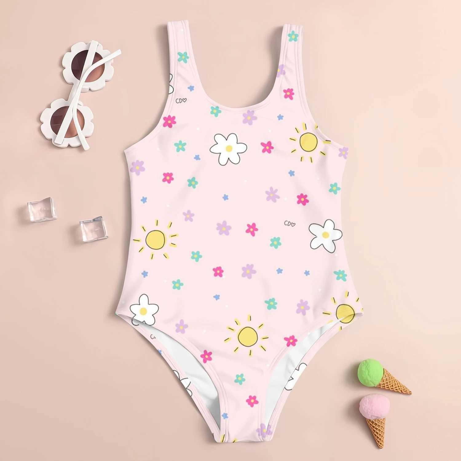 2024 Summer New Childrens Sleeveless Swimsuit Kids Cool Seaside Clothes Cute Polka Dot 3d Printed One-Piece Swimsuit For GirlsXJ250214