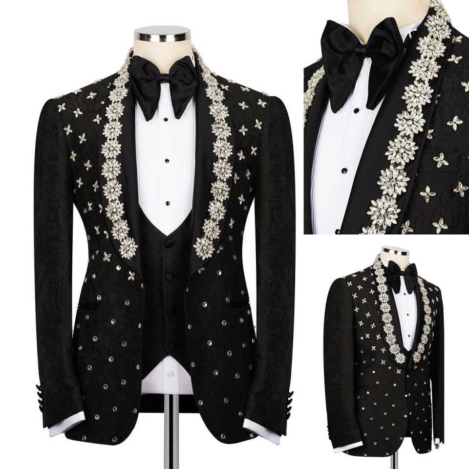 Noble Wedding Tuxedos Rhinestone Beaded Men Suits Shawl Lapel 3 Piece Set Jacket Vest Pants Handsome Groom Blazers Customized