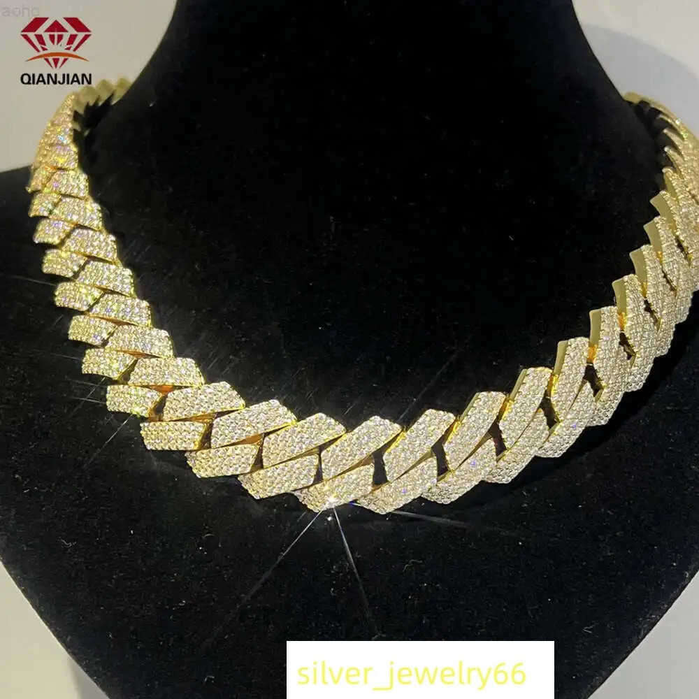 Qianjian Private Label Miami Chain Baguette Moissanite 14k 18k Gold Plated 18mm 3 Rows Chain for Rapper Star