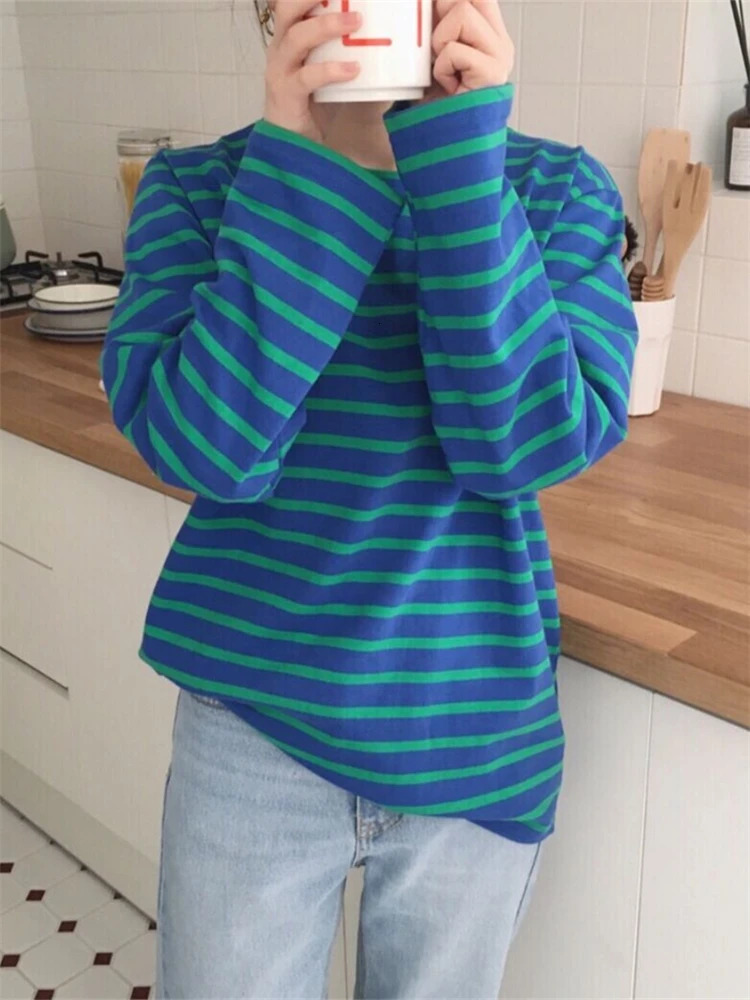 Seoulish Autumn Cotton Classic Striped Womens TShirts Long Sleeve ONeck Casual Loose Shirts Female Knitting Tops 250211