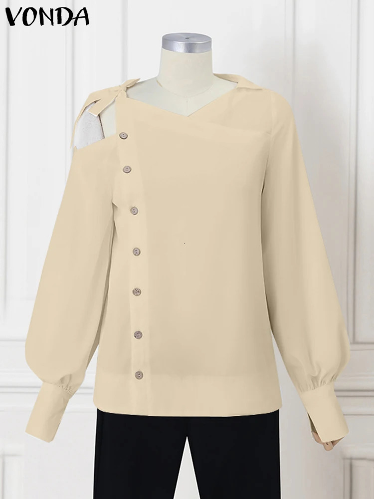 Pulse Size 5XL VONDA Women Blouses Casual Solid Long Sleeve Blouses American Style Off The Shoulder Tops Fashion Irregular Shirts 250210