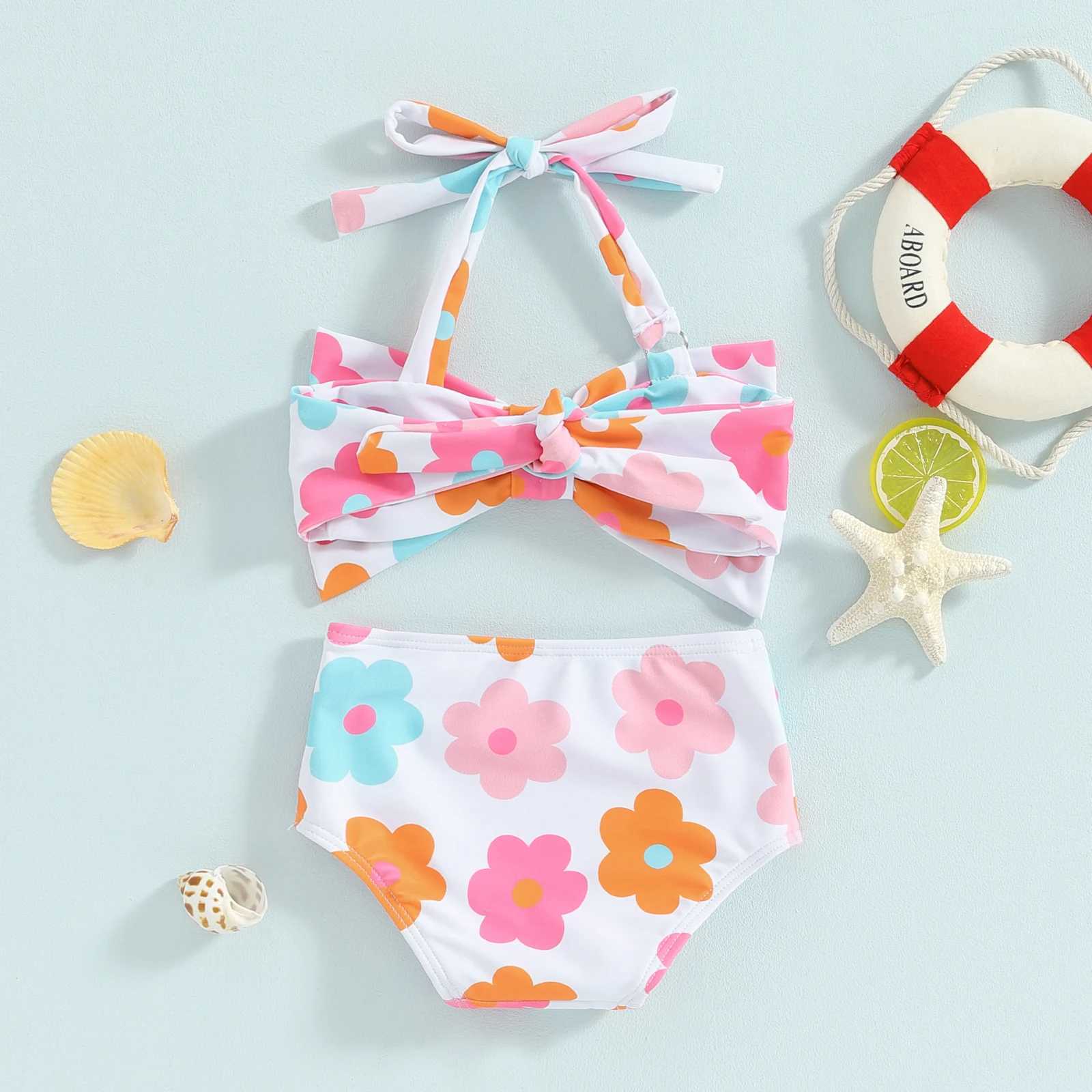 2024 New Little Baby Girls Summer Bikini 2 Pcs Set Toddler Flower/Plaid Print Sleeveless Bow Bikini Tops with Shorts SwimsuitXJ250214