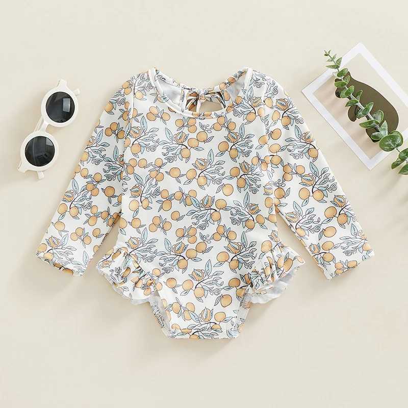 Kids Girl Summer Swimsuits Floral Print Long Sleeve Ruffles Jumpsuit Children Swimwear Beachwear Bathing SuitsXJ250214