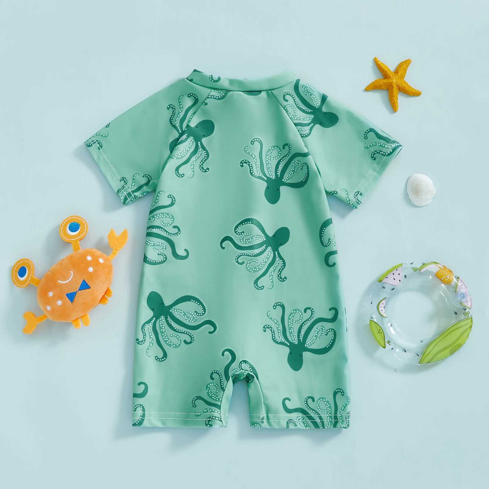 MISOWMNJOY Summer Children Boys Rash Guard Swimsuit Cute Octopus Print Zip Up Short Sleeve Baby Boys Swimwear Bathing SuitXJ250214