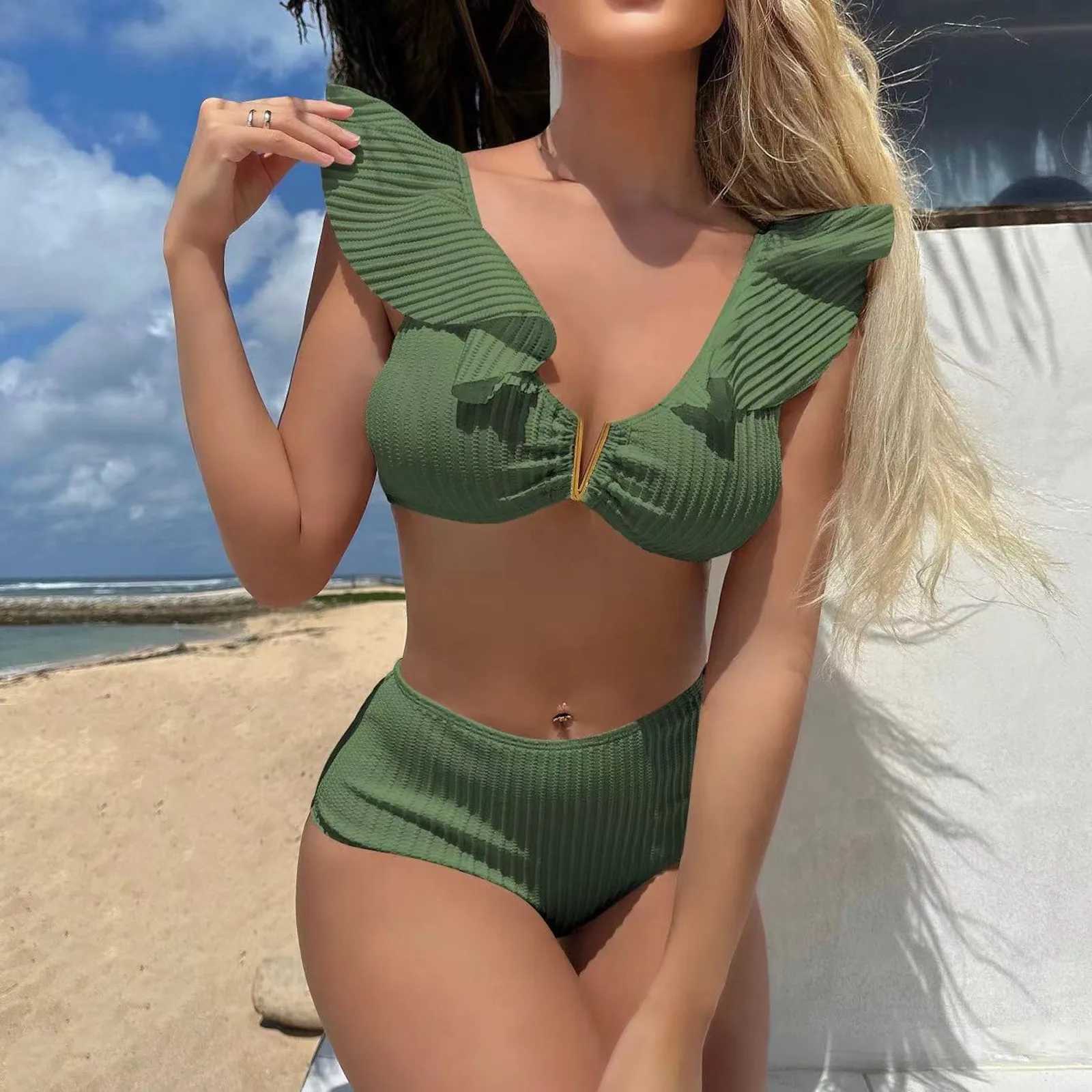 Adult Ruffled Neckline Bikini Sets Womens Swim Shirt Pure Color High Waisted Swimsuit Summer Bikini Ladies Swimwear 2024 TrendW250214