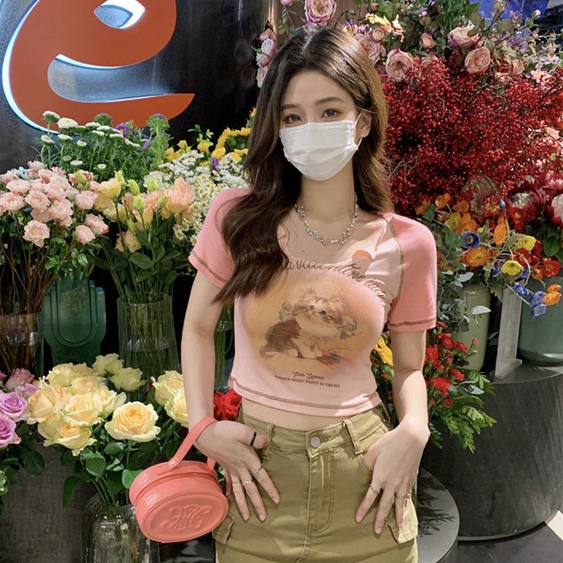 Designer American Cotton Women's Cat Sleeve T-shirt 2025 Summer New Style Girl Slimming Short Sweet And Spicy Top